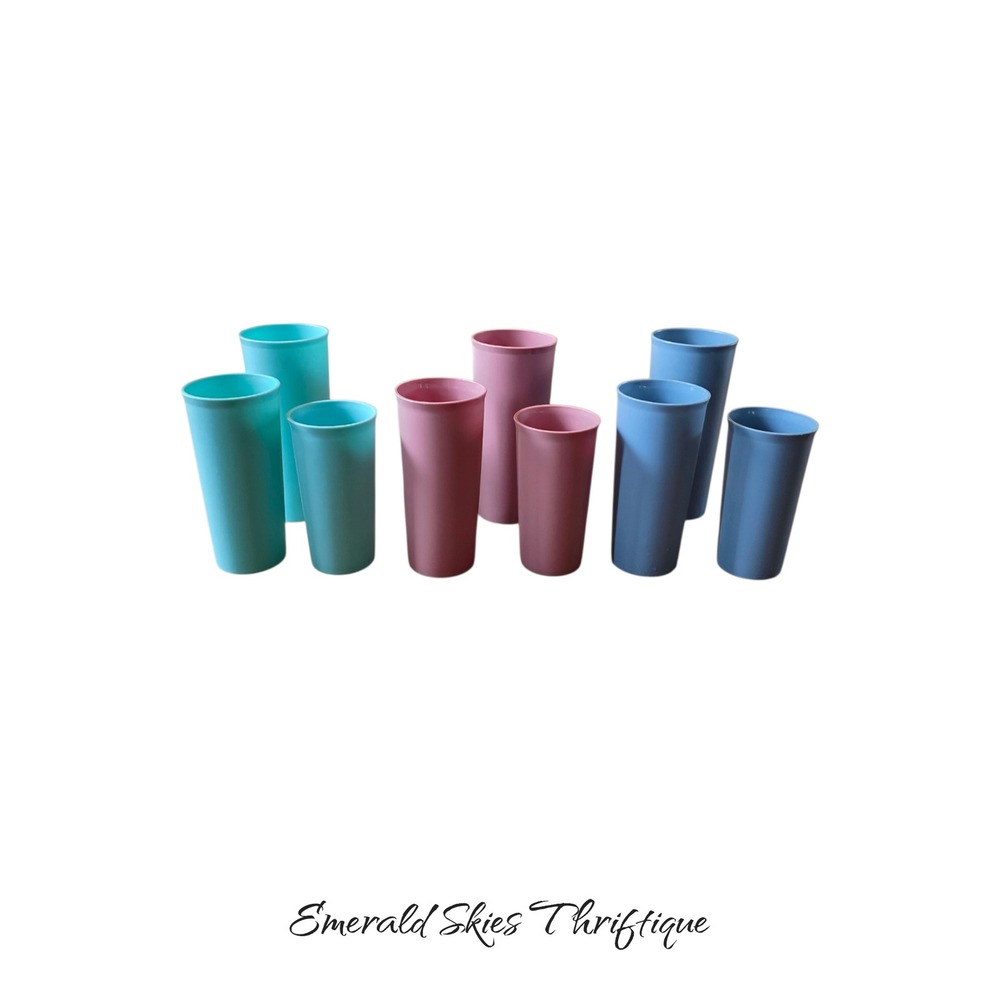 Vintage Set of 9 Plastic Tumblers Cups Teal Mauve Blue Retro Drinkware free ship